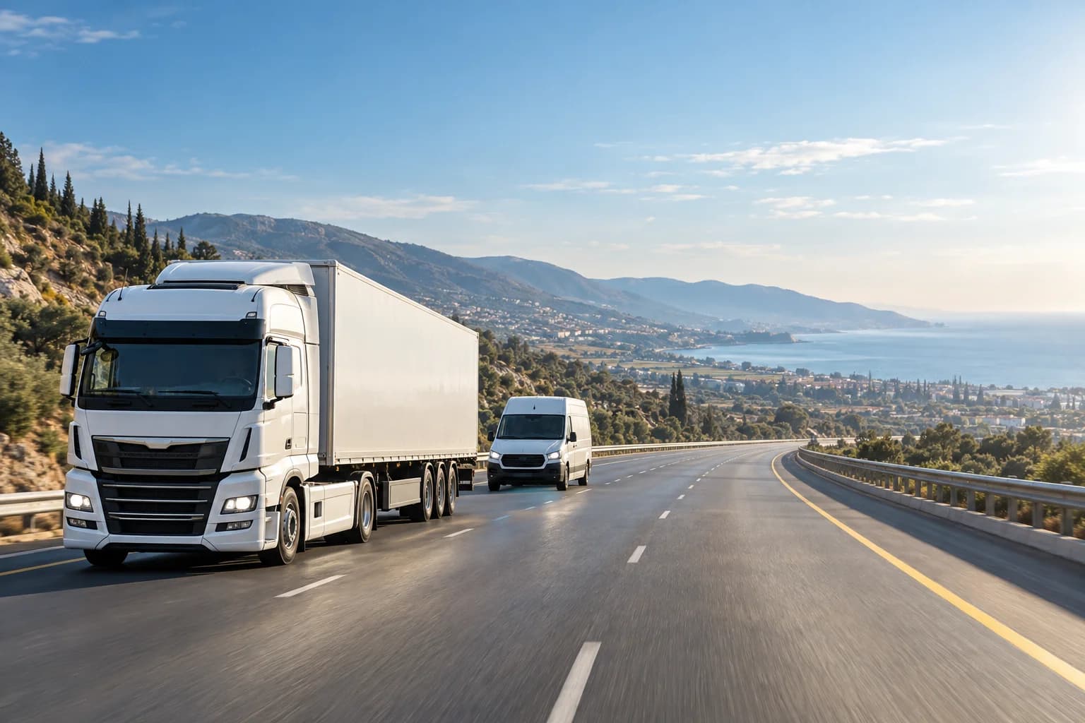 A commercial truck and delivery van on an open road