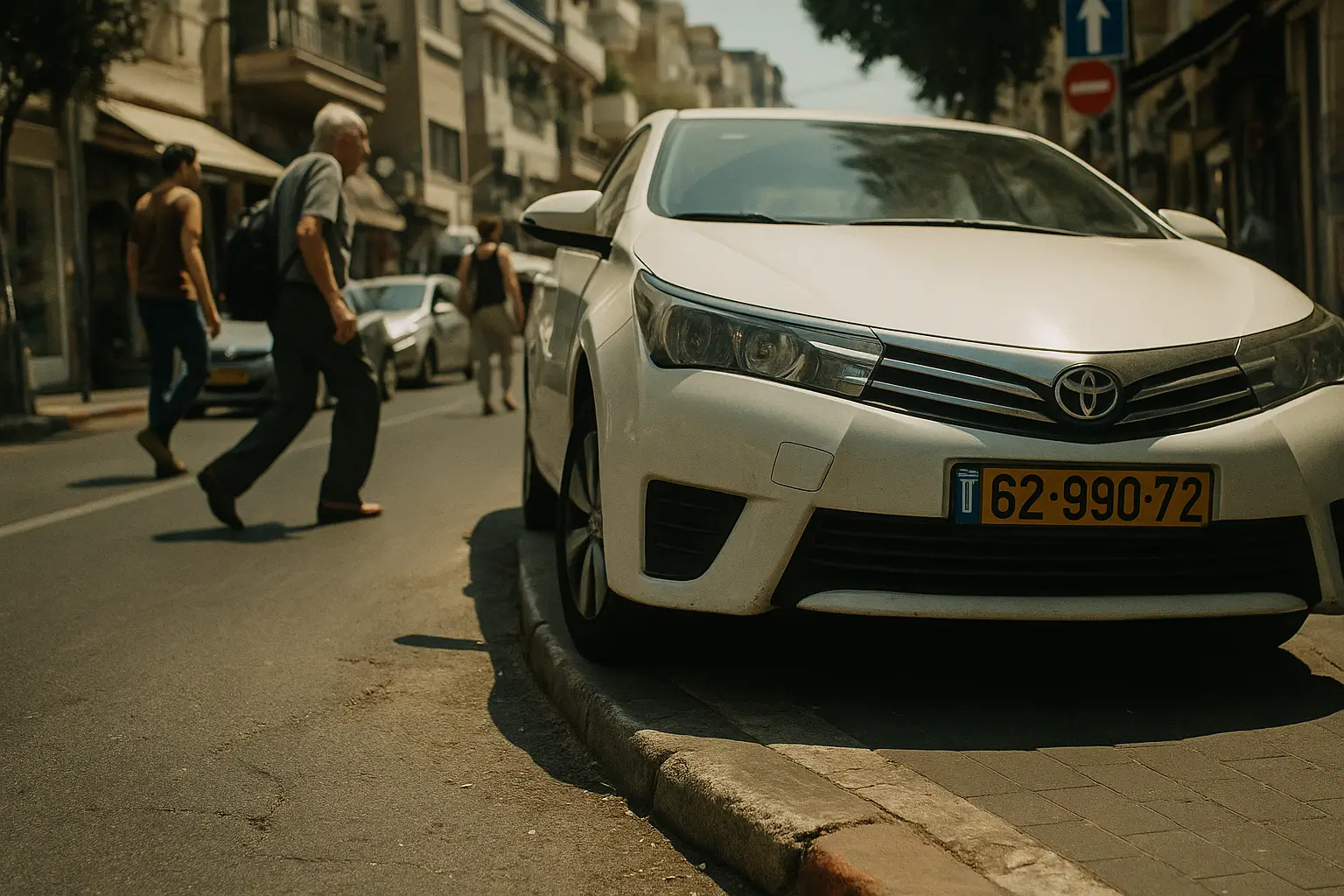 A white Toyota car with Israeli license plates is parked partly on a sidewalk. People walk across the street in the background on a sunny day in an urban area.