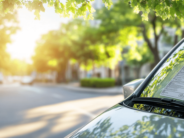 A car parked on a sunny, tree-lined street with a printed document visible on its windshield under green leaves. The scene is bright and peaceful, with the focus on the car and its windshield.