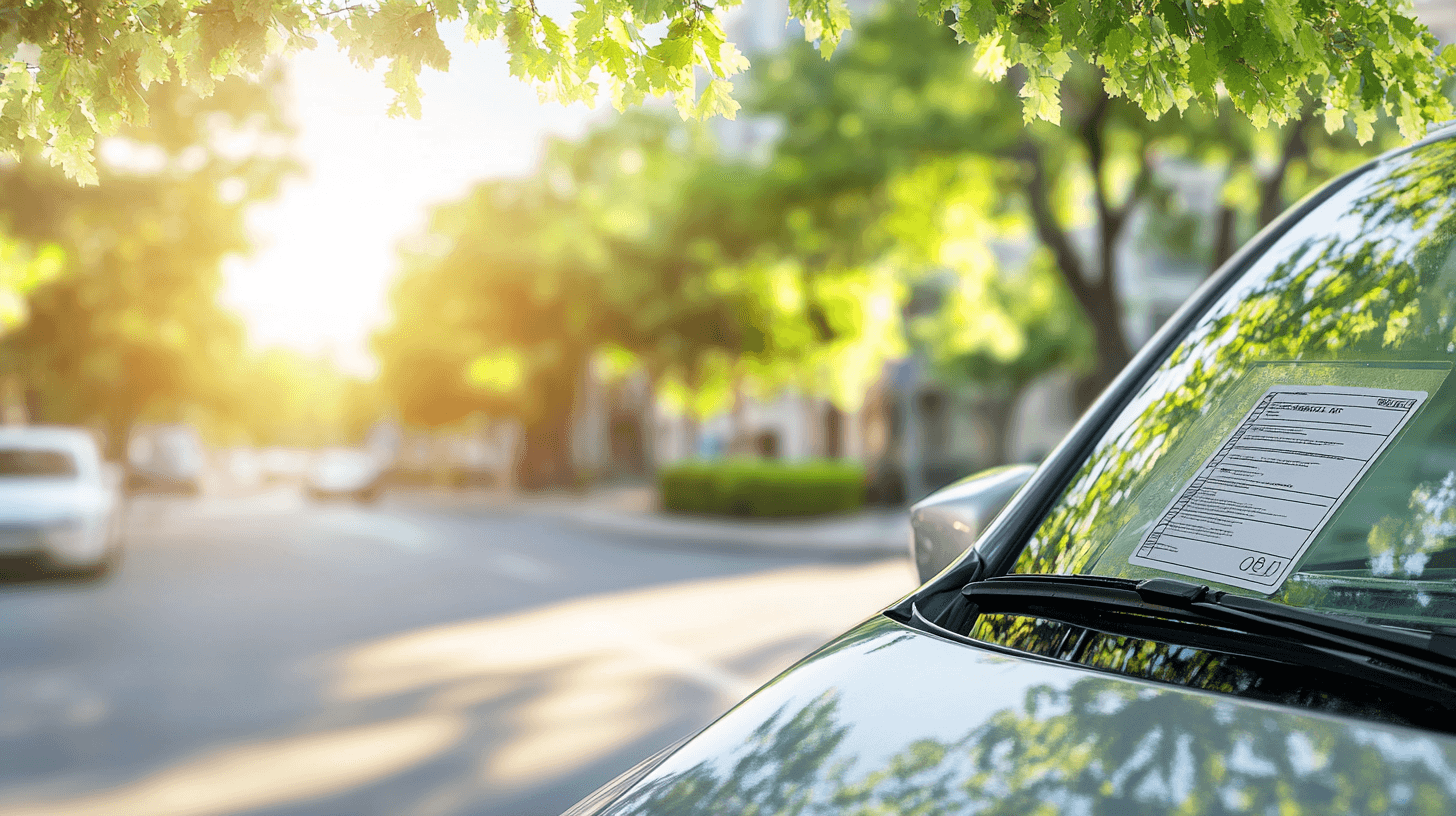 A car parked on a sunny, tree-lined street with a printed document visible on its windshield under green leaves. The scene is bright and peaceful, with the focus on the car and its windshield.