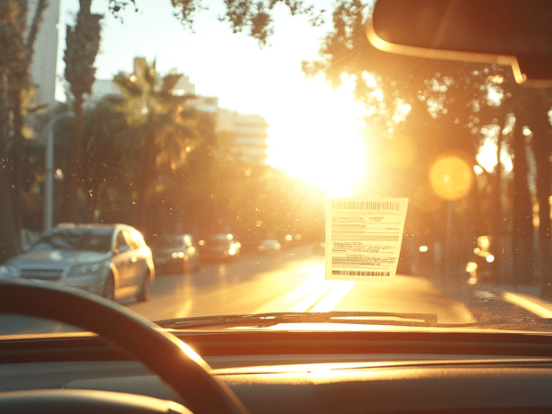 View from inside a car driving down a sunlit street, with sunlight shining through the windshield, trees lining the road, and a parking permit or sticker visible on the windshield.