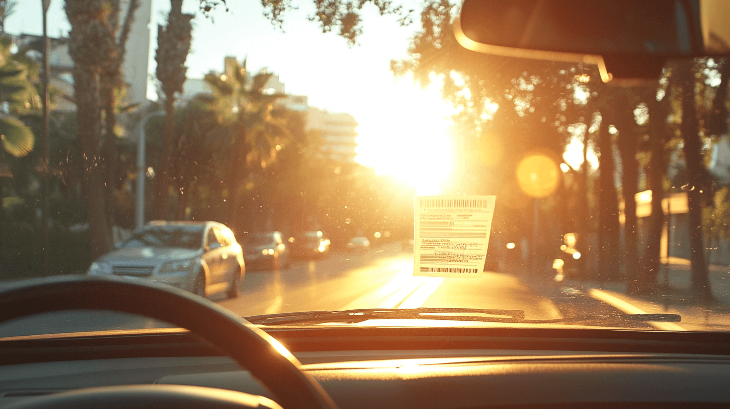 View from inside a car driving down a sunlit street, with sunlight shining through the windshield, trees lining the road, and a parking permit or sticker visible on the windshield.