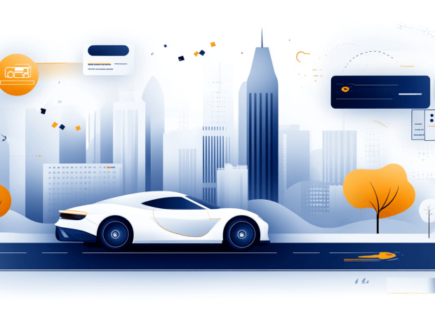 Pango parking and payment services - A sleek white sports car drives on a city road with modern skyscrapers in the background. Abstract icons and autumnal trees accent the scene, giving it a futuristic and dynamic feel.