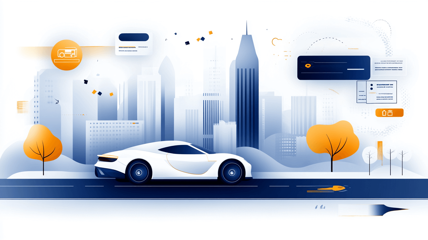 Pango parking and payment services - A sleek white sports car drives on a city road with modern skyscrapers in the background. Abstract icons and autumnal trees accent the scene, giving it a futuristic and dynamic feel.