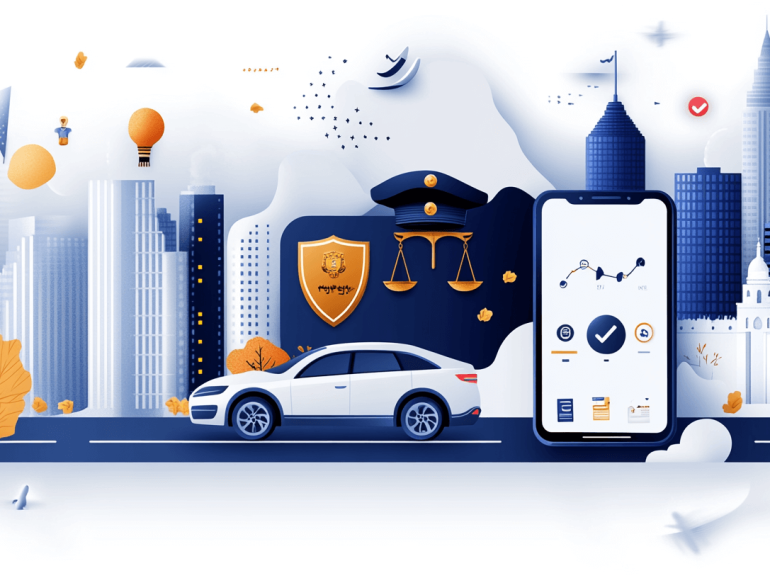 Police Traffic Reports - A modern cityscape with tall buildings, a car on the road, autumn trees, police symbols, and a large smartphone screen displaying graphs and checkmarks, representing smart city technology and urban mobility.