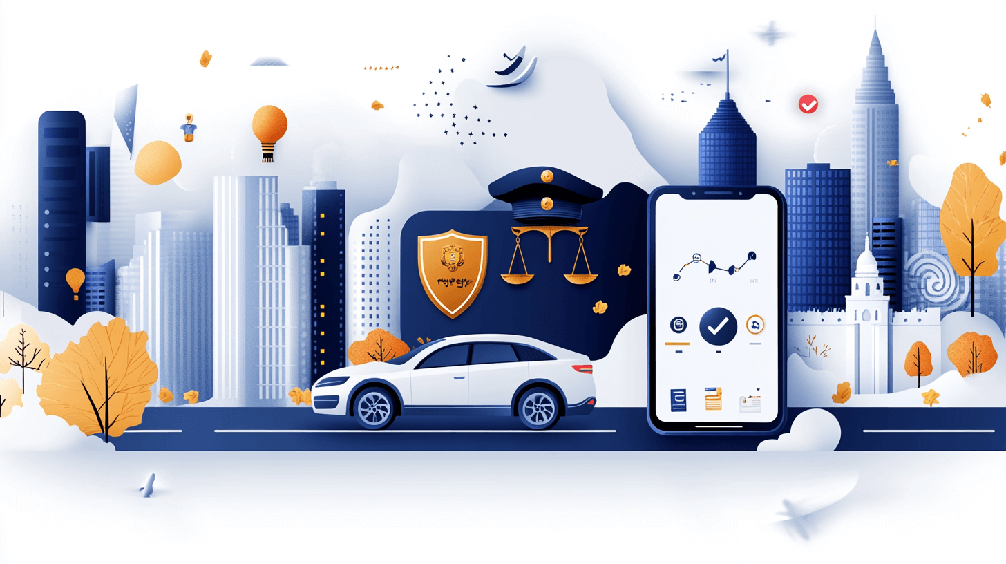 Police Traffic Reports - A modern cityscape with tall buildings, a car on the road, autumn trees, police symbols, and a large smartphone screen displaying graphs and checkmarks, representing smart city technology and urban mobility.
