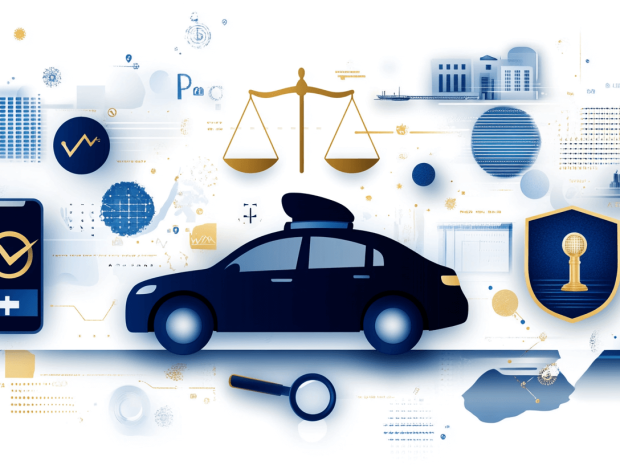 Get a parking ticket canceled. A stylized illustration of a police car surrounded by legal symbols, such as scales of justice, a shield, courthouse, smartphone with a check mark, and abstract technical graphics, representing law enforcement and justice.