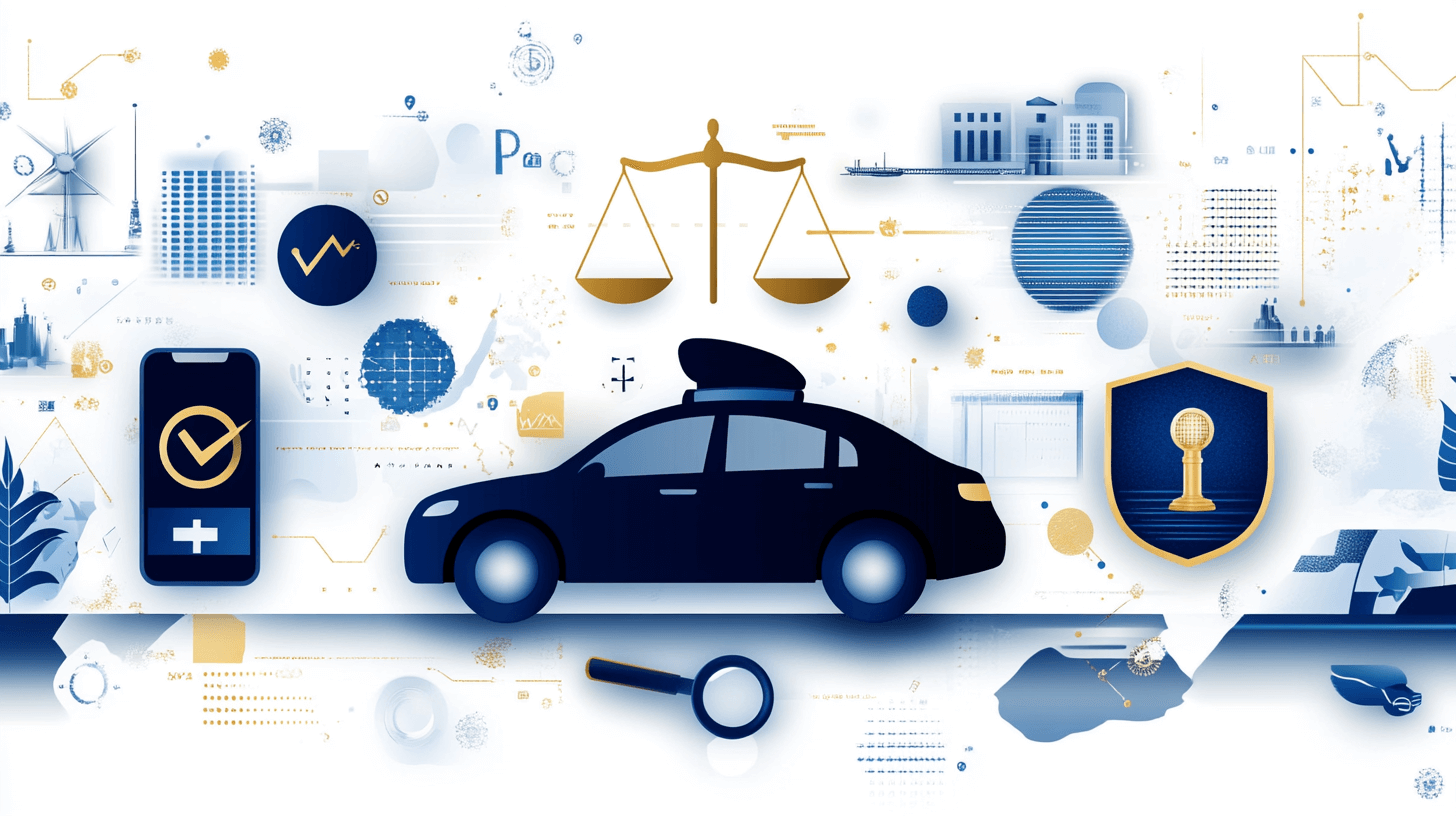 Get a parking ticket canceled. A stylized illustration of a police car surrounded by legal symbols, such as scales of justice, a shield, courthouse, smartphone with a check mark, and abstract technical graphics, representing law enforcement and justice.