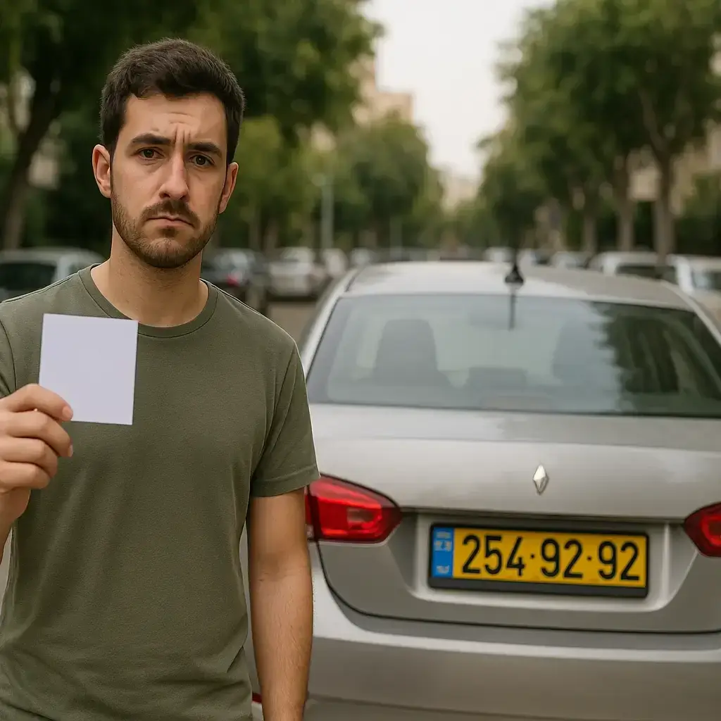 A man with a serious expression stands in front of a parked car on a street, holding a blank white card in his hand. The car has a yellow license plate with black numbers and letters. Trees line both sides of the road.