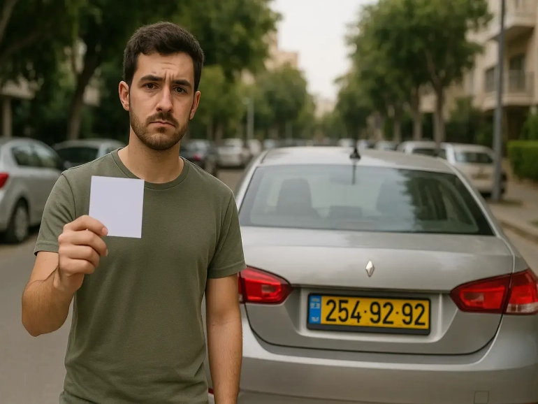 A man with a serious expression stands in front of a parked car on a street, holding a blank white card in his hand. The car has a yellow license plate with black numbers and letters. Trees line both sides of the road.