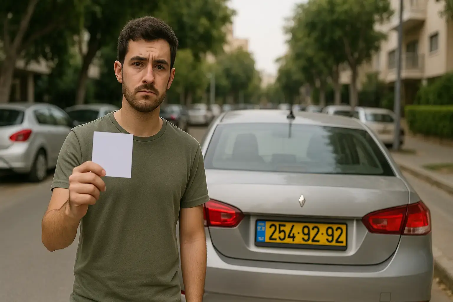 A man with a serious expression stands in front of a parked car on a street, holding a blank white card in his hand. The car has a yellow license plate with black numbers and letters. Trees line both sides of the road.