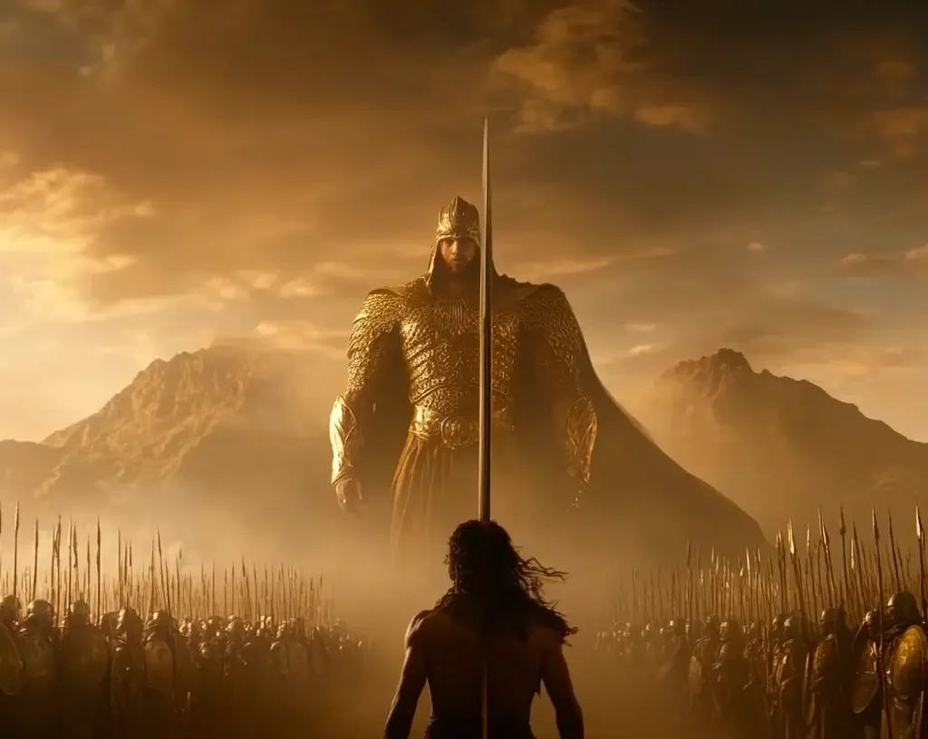 David faces Goliath a giant armored king standing among mountains, surrounded by rows of soldiers holding spears under a dramatic golden sky.