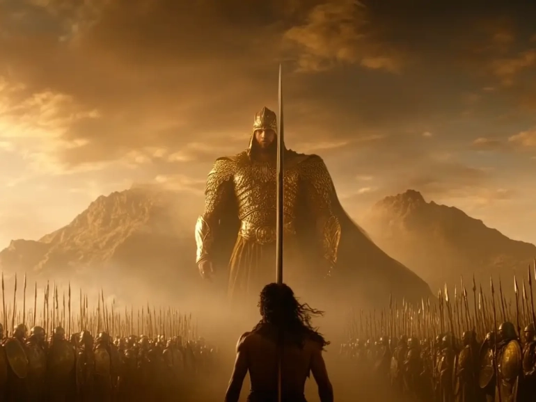David faces Goliath a giant armored king standing among mountains, surrounded by rows of soldiers holding spears under a dramatic golden sky.