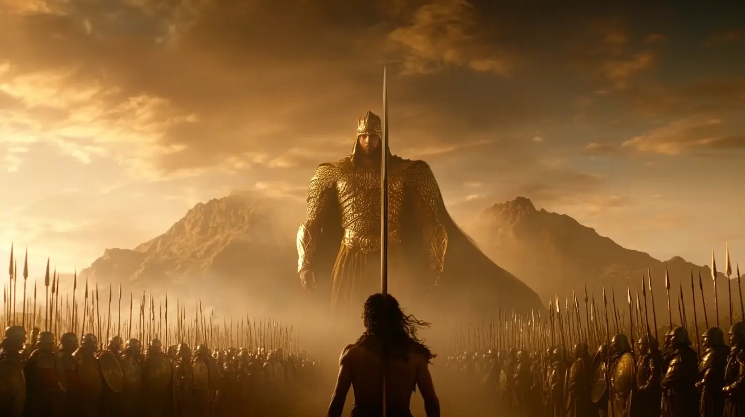 David faces Goliath a giant armored king standing among mountains, surrounded by rows of soldiers holding spears under a dramatic golden sky.