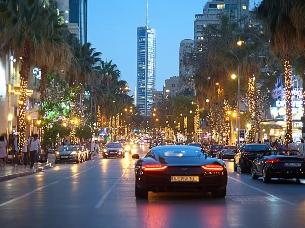 A sleek black sports car drives down a lively, palm-lined city street at dusk, surrounded by lit-up buildings, illuminated trees, and other cars, with a tall skyscraper in the background.