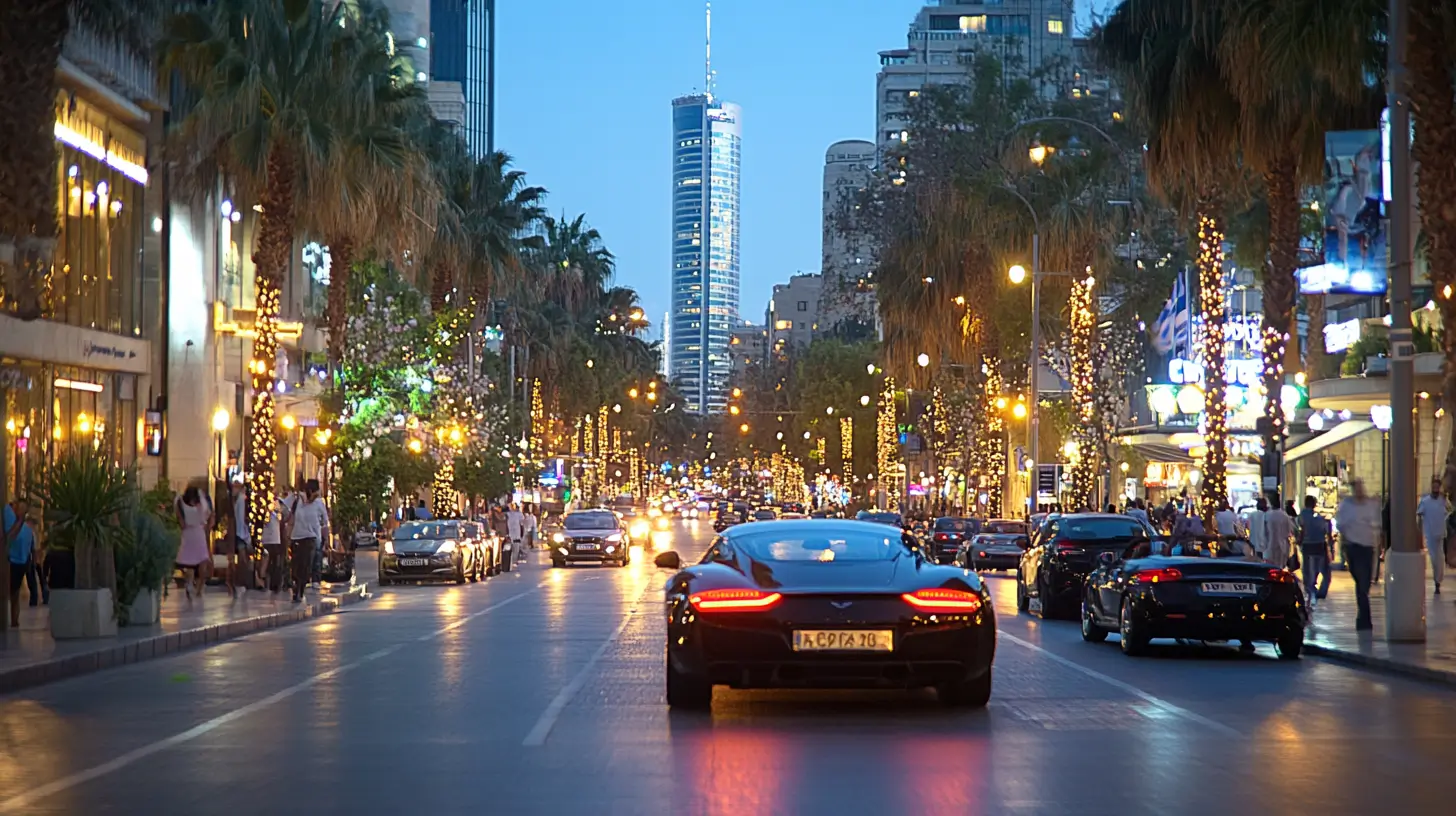 A sleek black sports car drives down a lively, palm-lined city street at dusk, surrounded by lit-up buildings, illuminated trees, and other cars, with a tall skyscraper in the background.