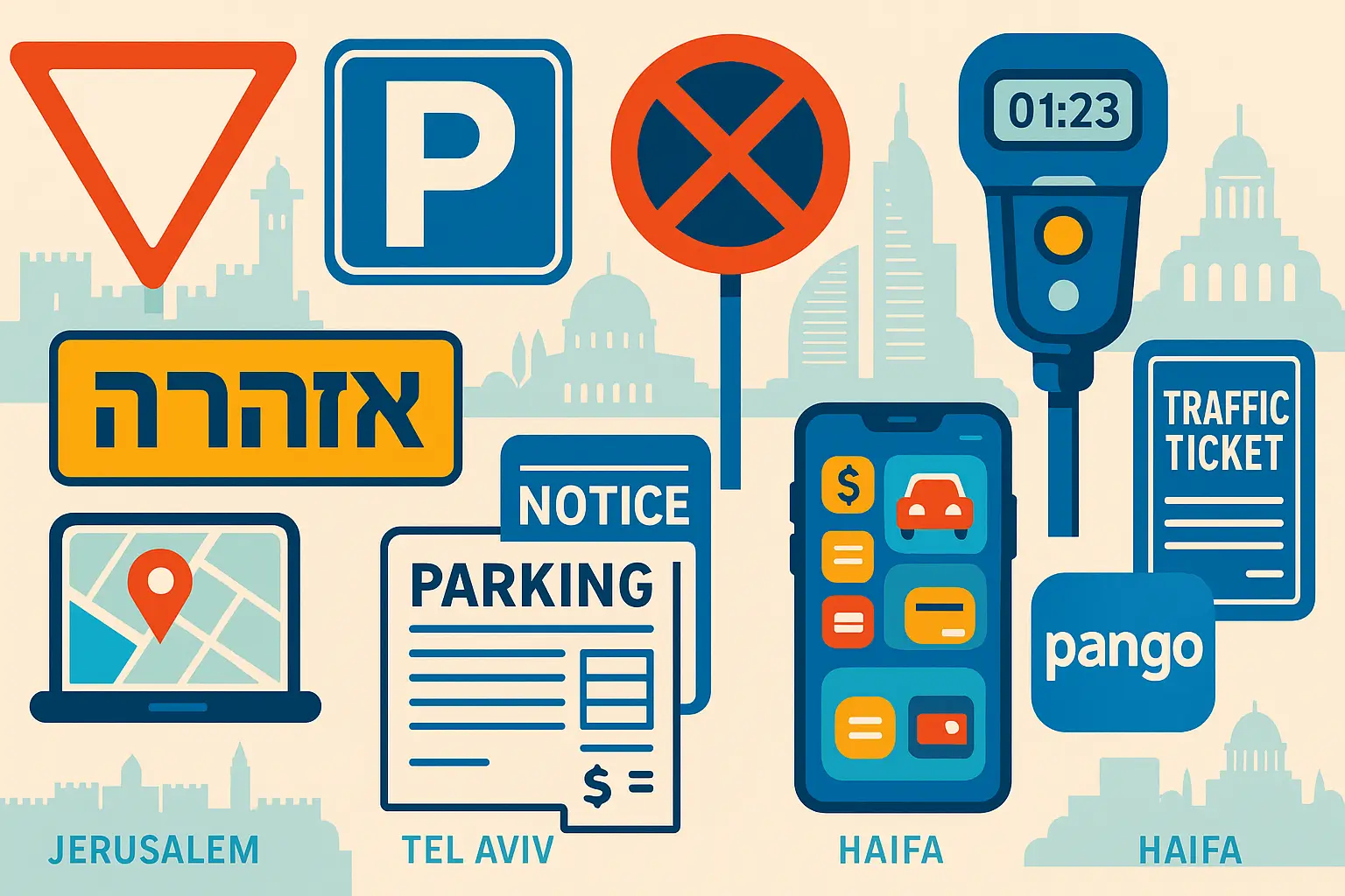 Collage of parking-related icons: signs, a parking meter showing 01:23, a mobile phone with payment apps, a map, and “Parking,” “Notice,” “Traffic Ticket,” “Pango,” “Jerusalem,” “Tel Aviv,” and “Haifa” text.