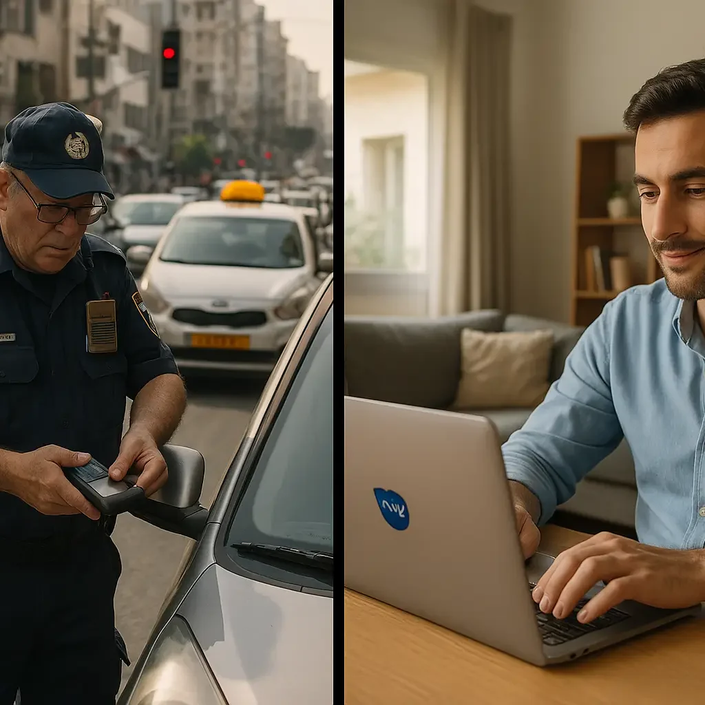 Split image: On the left, a police officer is issuing a parking ticket on a city street. On the right, a man is sitting indoors at a desk, smiling while using a laptop.