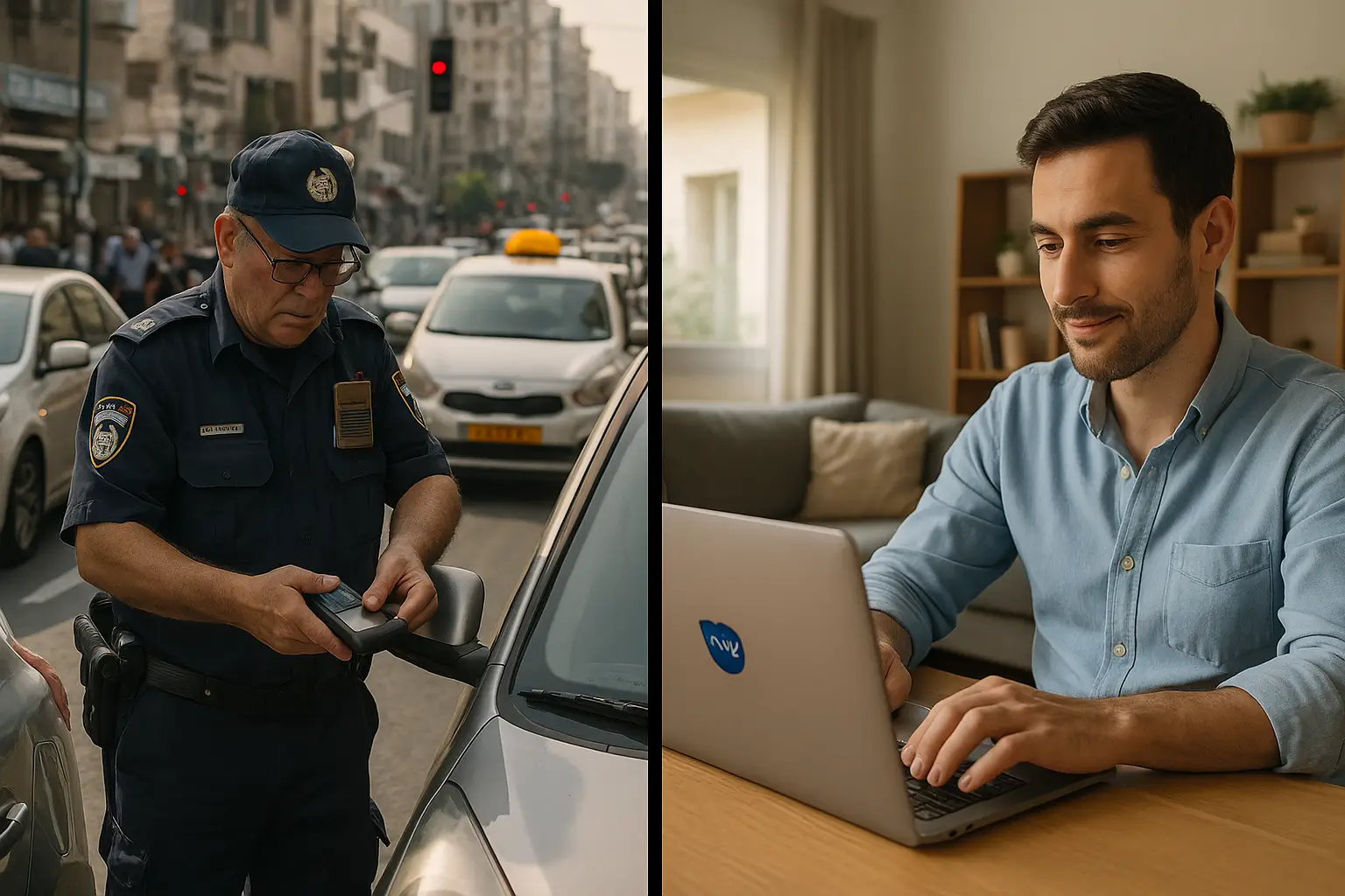Split image: On the left, a police officer is issuing a parking ticket on a city street. On the right, a man is sitting indoors at a desk, smiling while using a laptop.