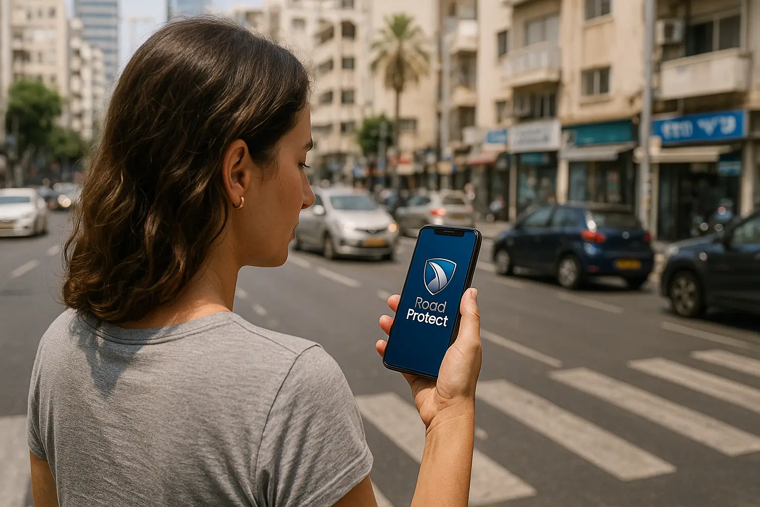A woman stands at a crosswalk in a city, holding a smartphone displaying the Rapid Protect app logo, with cars and buildings visible in the background.