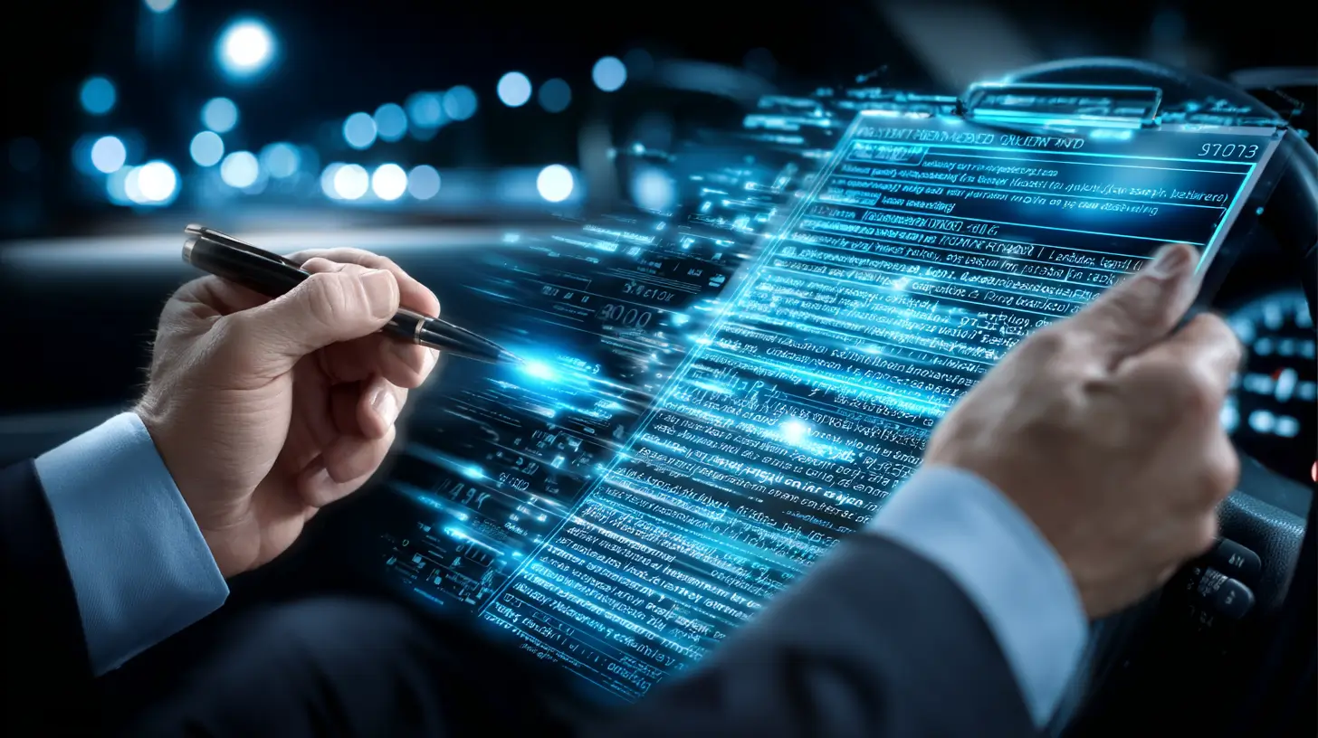 A person in a suit writes on a digital tablet that displays glowing code and text, sitting in a car at night with blurred city lights in the background. The scene blends technology and business.