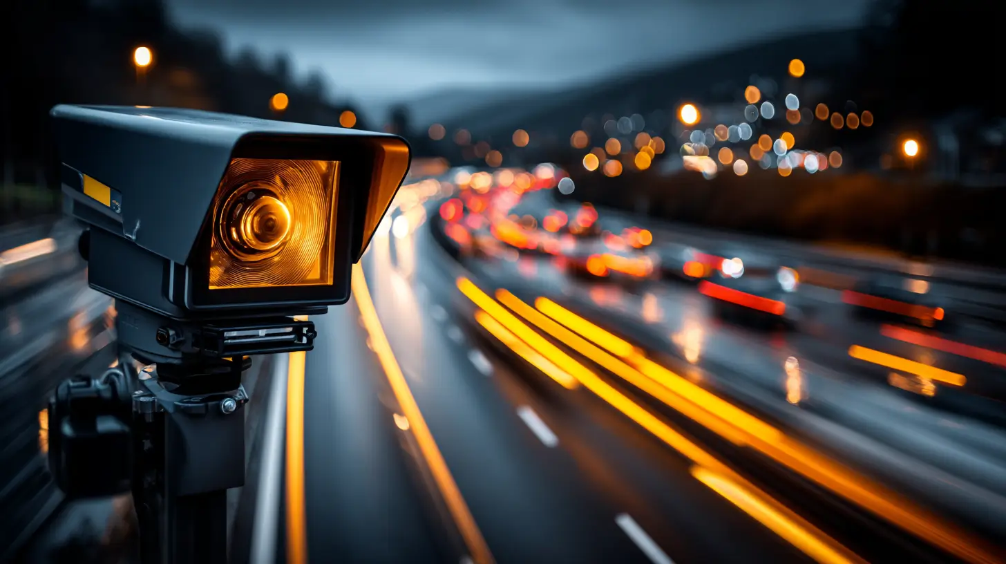 A close-up of a traffic camera overlooking a busy highway at dusk, with blurred streaks of headlights and taillights from fast-moving cars creating dynamic light trails.