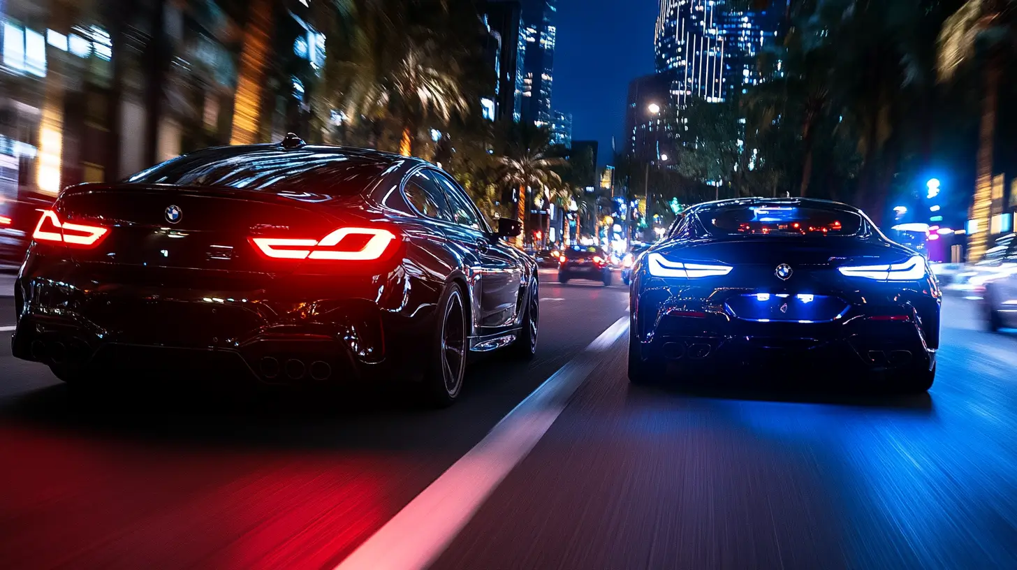 Two black BMW sports cars drive side by side on a city street at night, illuminated by vibrant red and blue tail lights and surrounded by blurred lights from buildings and traffic.