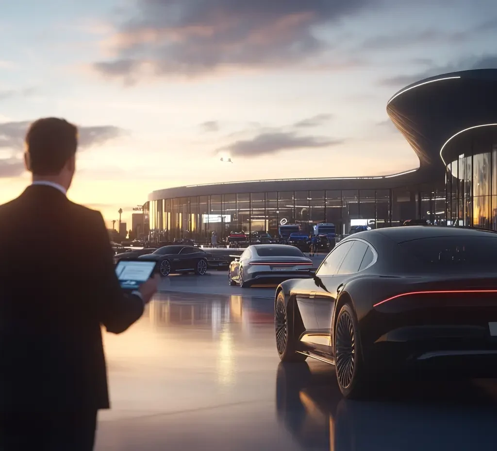 A man holding a tablet stands near a sleek, modern black sports car in a futuristic parking lot, with other luxury cars and a glass-walled building under a colorful sunset sky.
