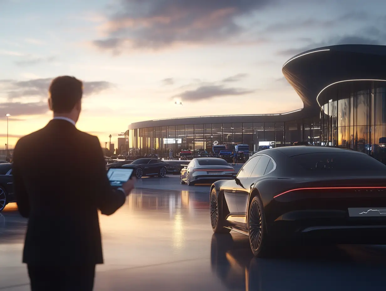 A man holding a tablet stands near a sleek, modern black sports car in a futuristic parking lot, with other luxury cars and a glass-walled building under a colorful sunset sky.