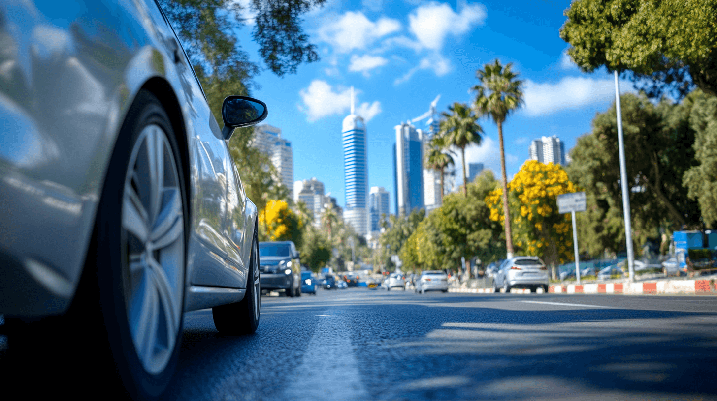 A close-up of a silver car driving on a sunlit city street lined with trees, with modern skyscrapers and a blue sky in the background. Other cars are visible ahead, and palm trees dot the roadside.