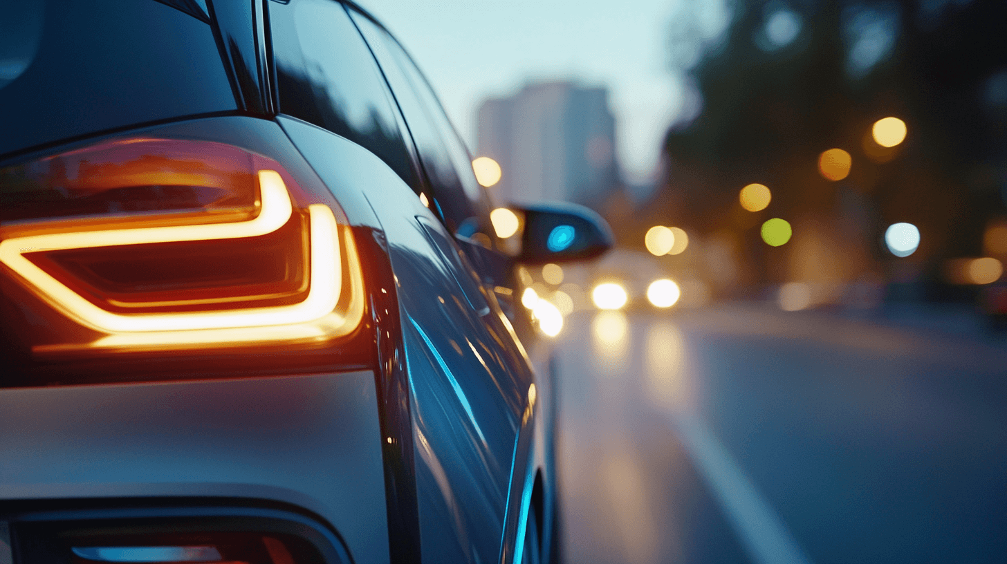 Close-up of a cars rear and taillight illuminated in the evening, with blurred Israel traffic and oncoming headlights in the background, creating a sense of motion and urban atmosphere.