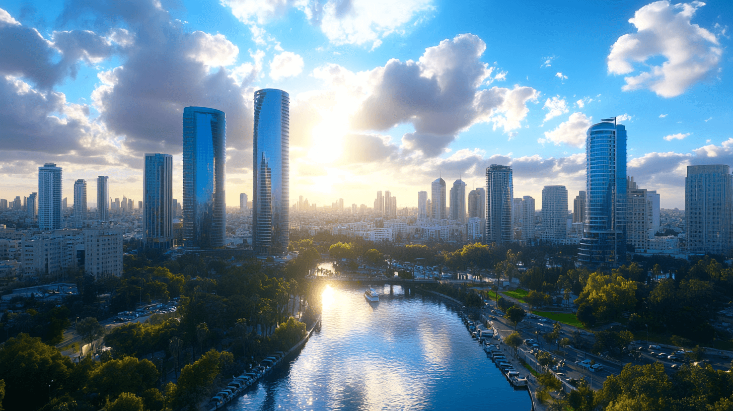 A cityscape at sunset with tall modern skyscrapers, a river reflecting the sky, and trees lining the water. The sun is shining through scattered clouds, casting a warm glow over the buildings and urban landscape.