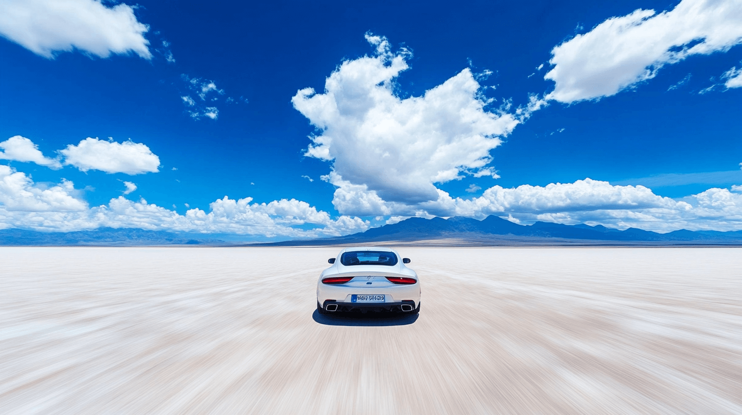 A white sports car drives across a vast, flat salt plain in the Israeli desert under a bright blue sky filled with fluffy white clouds and distant mountains on the horizon.