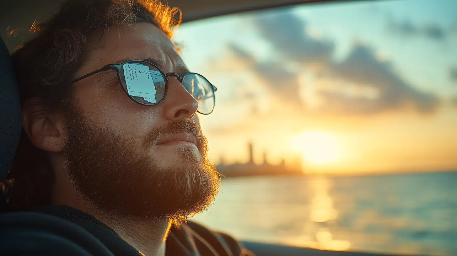 A bearded man wearing sunglasses sits in a car by the water, gazing at a bright sunset with a city skyline in the distance, reflected in his glasses.
