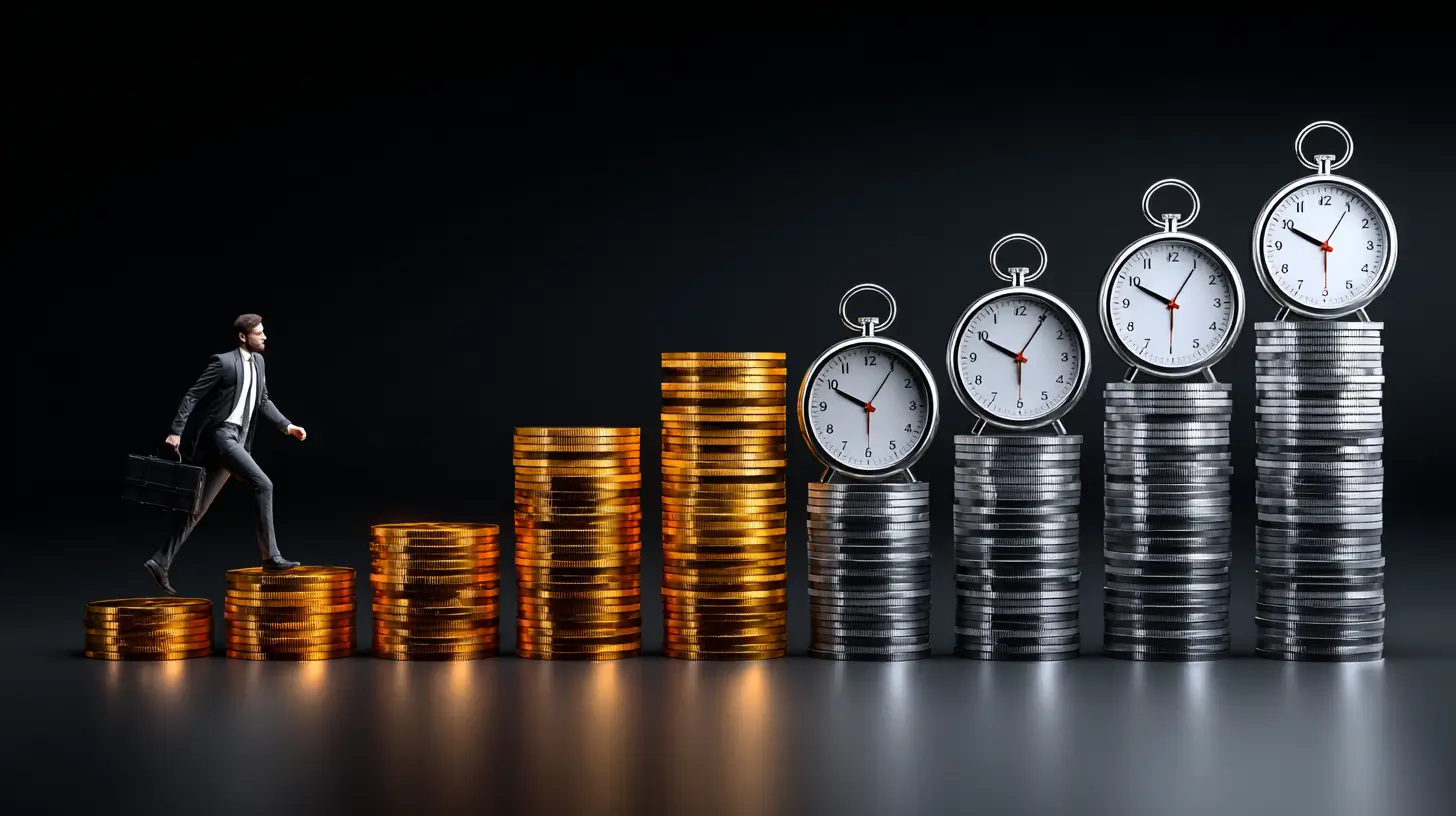A businessman climbs ascending stacks of gold and silver coins, each topped with a stopwatch, symbolizing the relationship between time, money, and progress in business.
