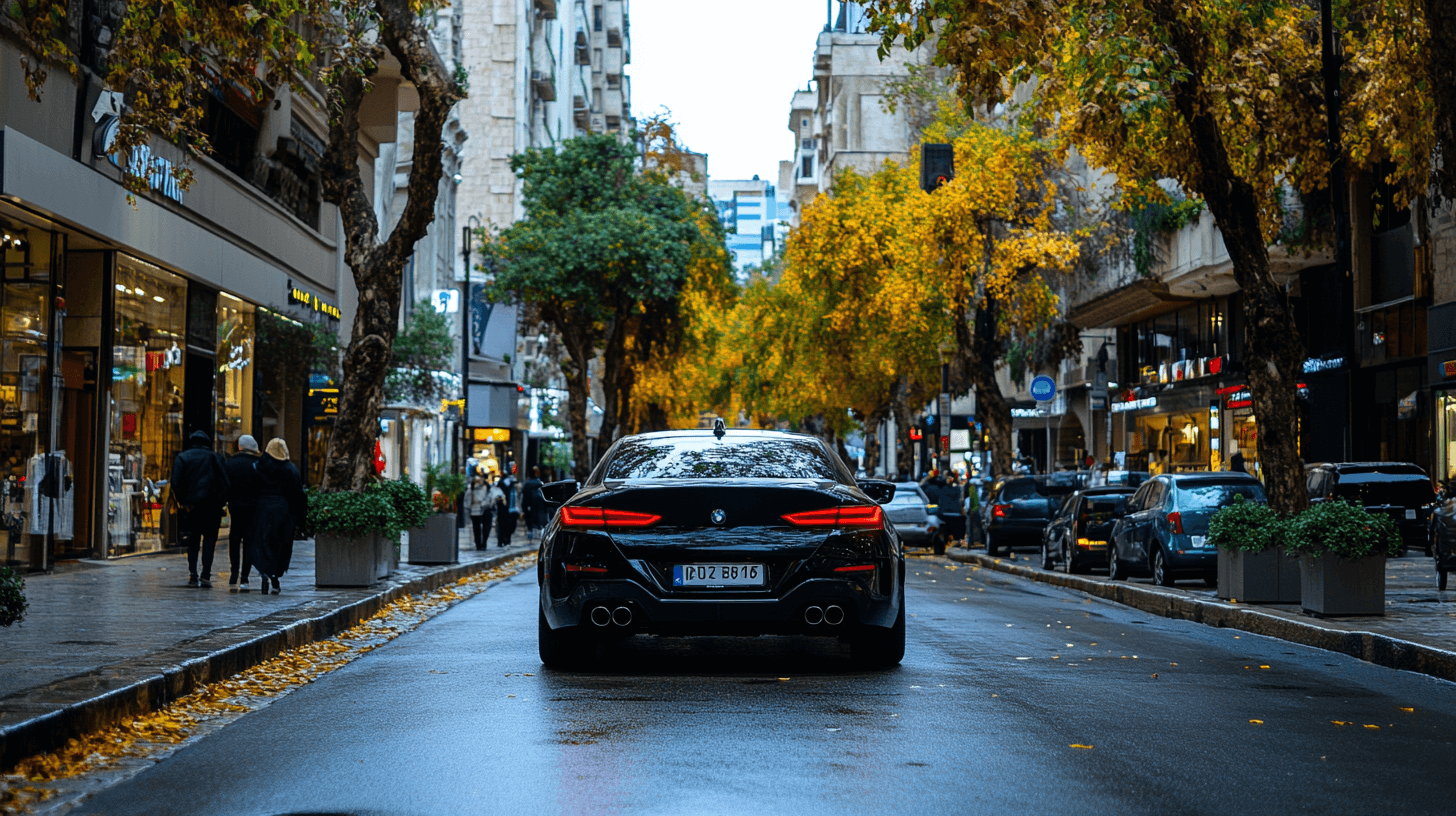 A sleek black car drives down a tree-lined city street with autumn leaves, surrounded by shops and pedestrians on a cloudy day.