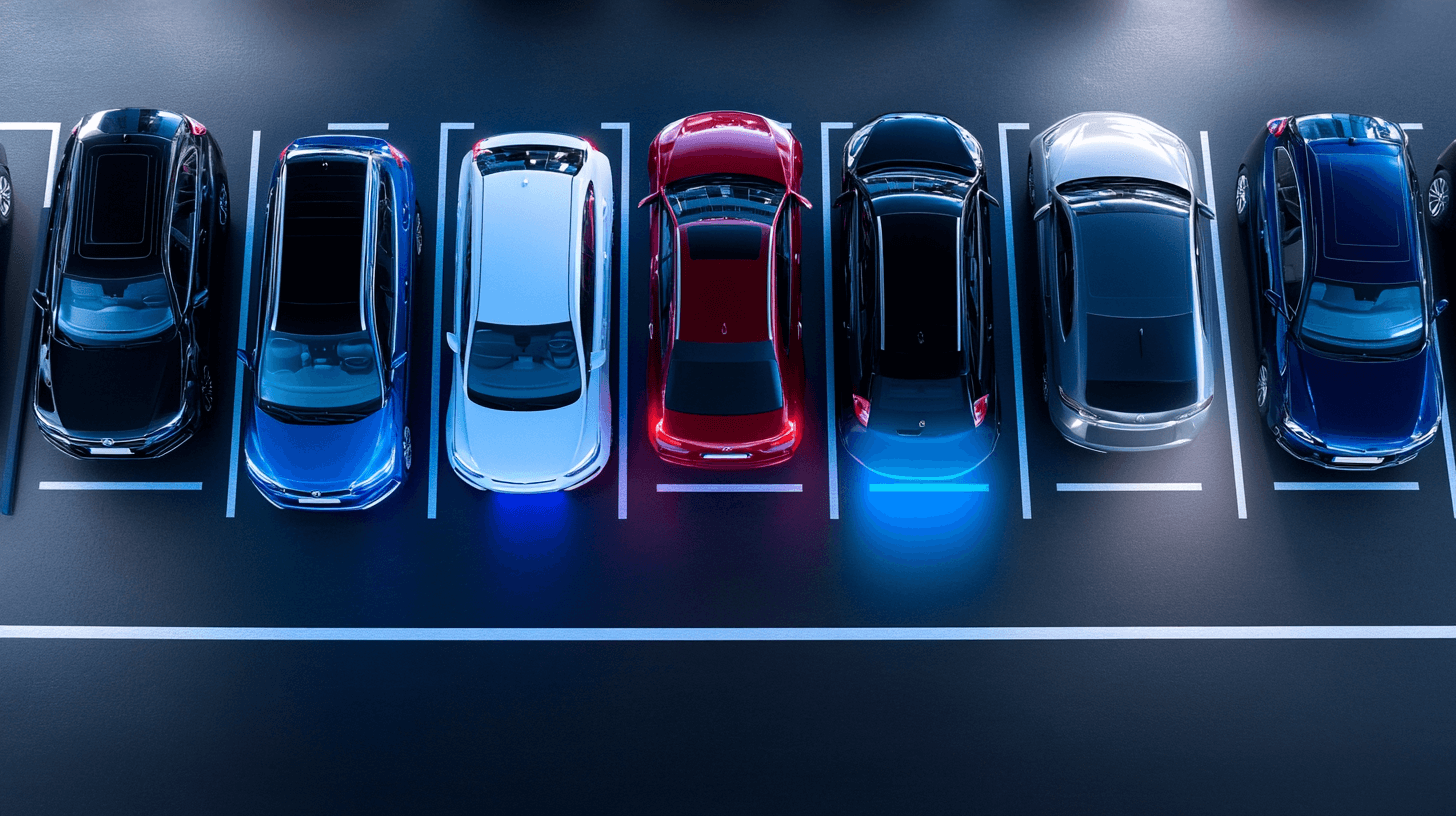 Aerial view of seven parked cars in a parking lot at night, with two cars illuminated by blue lights, one red car in the center, and the rest in dark or silver tones.