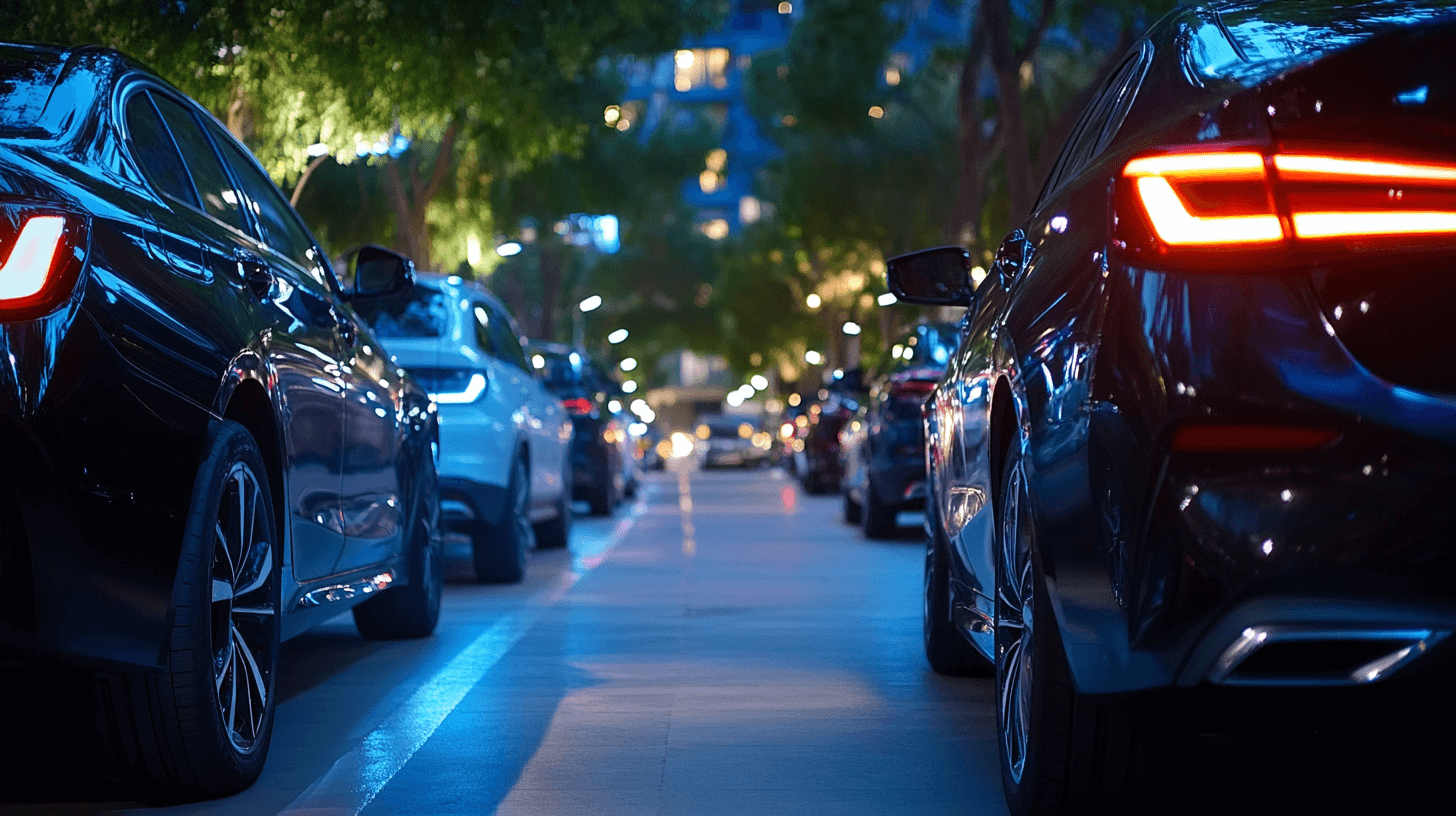 Several cars are parked along both sides of a city street in Israel at dusk, with trees and illuminated buildings in the background. The car lights and reflections create a lively urban nighttime scene.