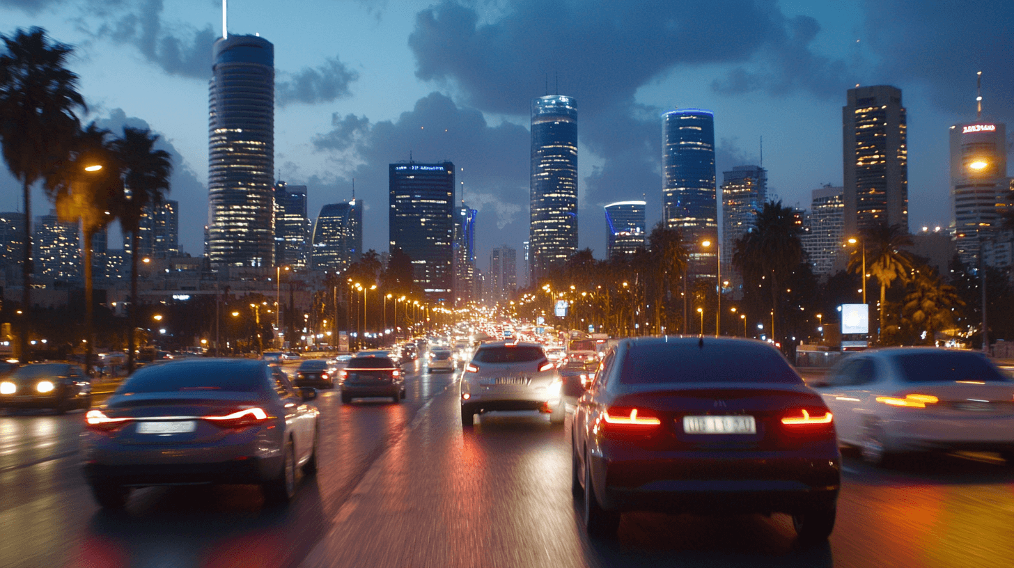 A busy city street at dusk with cars in traffic, palm trees lining the road, and tall illuminated skyscrapers in the background under a cloudy sky.