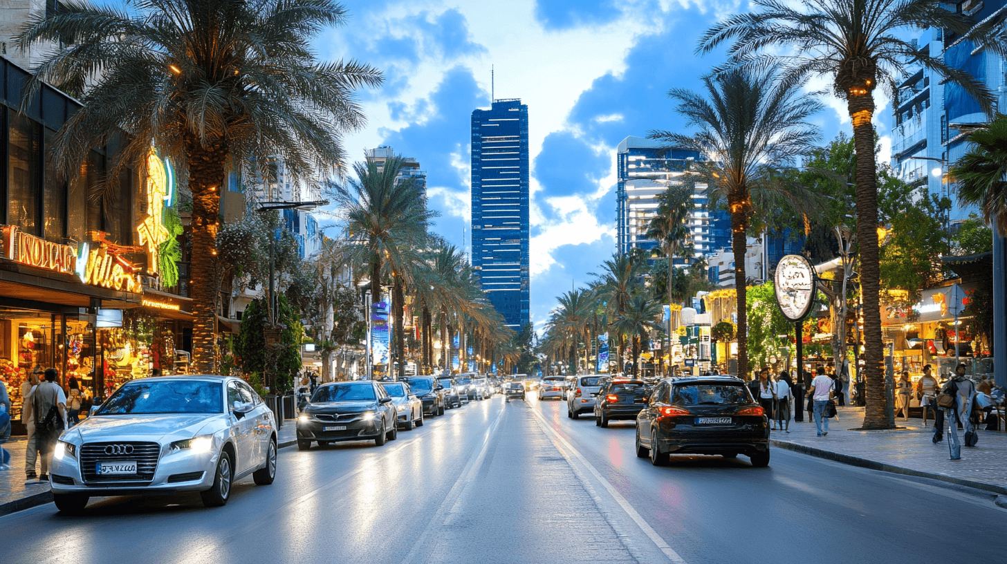A lively city street lined with palm trees and shops, filled with cars and people. Tall modern buildings rise in the background under a cloudy evening sky, with bright lights illuminating the scene.