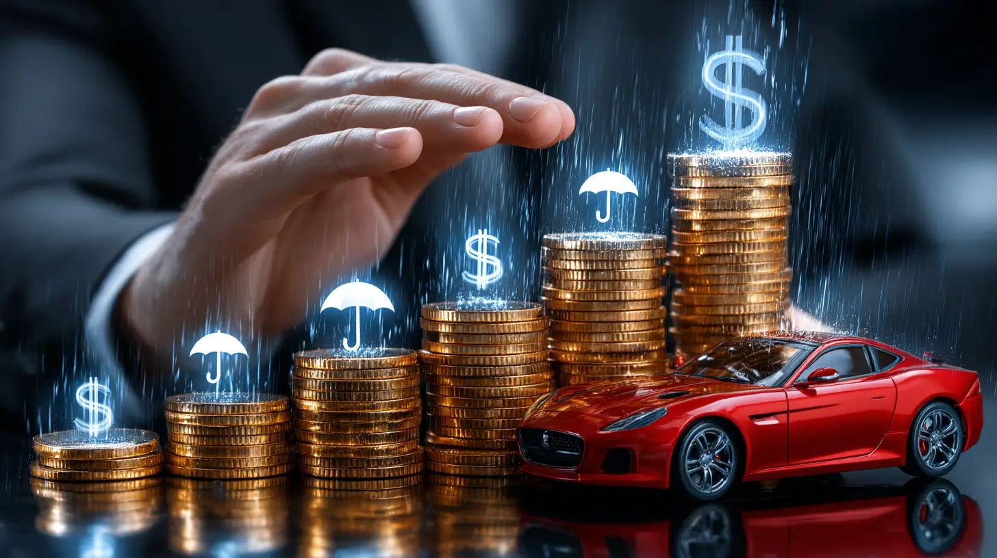 A businessperson’s hand hovers over stacked gold coins with dollar signs, umbrellas, and a red sports car, symbolizing financial growth, investment, and protection.