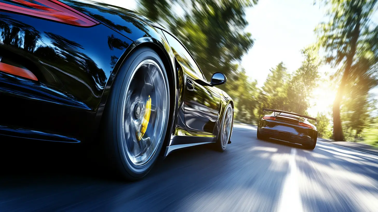 Two sleek black sports cars race down a sunlit, tree-lined road, motion blur emphasizing their speed and dynamic movement. They will get a speeding ticket.