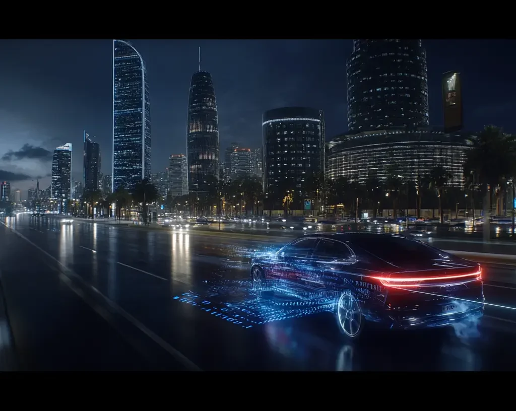 A sleek, futuristic car with glowing blue digital effects drives on a wet city street at night, where illuminated skyscrapers and palm trees line the way—echoing a world as advanced as today’s איתור דוח חניה technology. Locating a parking report.