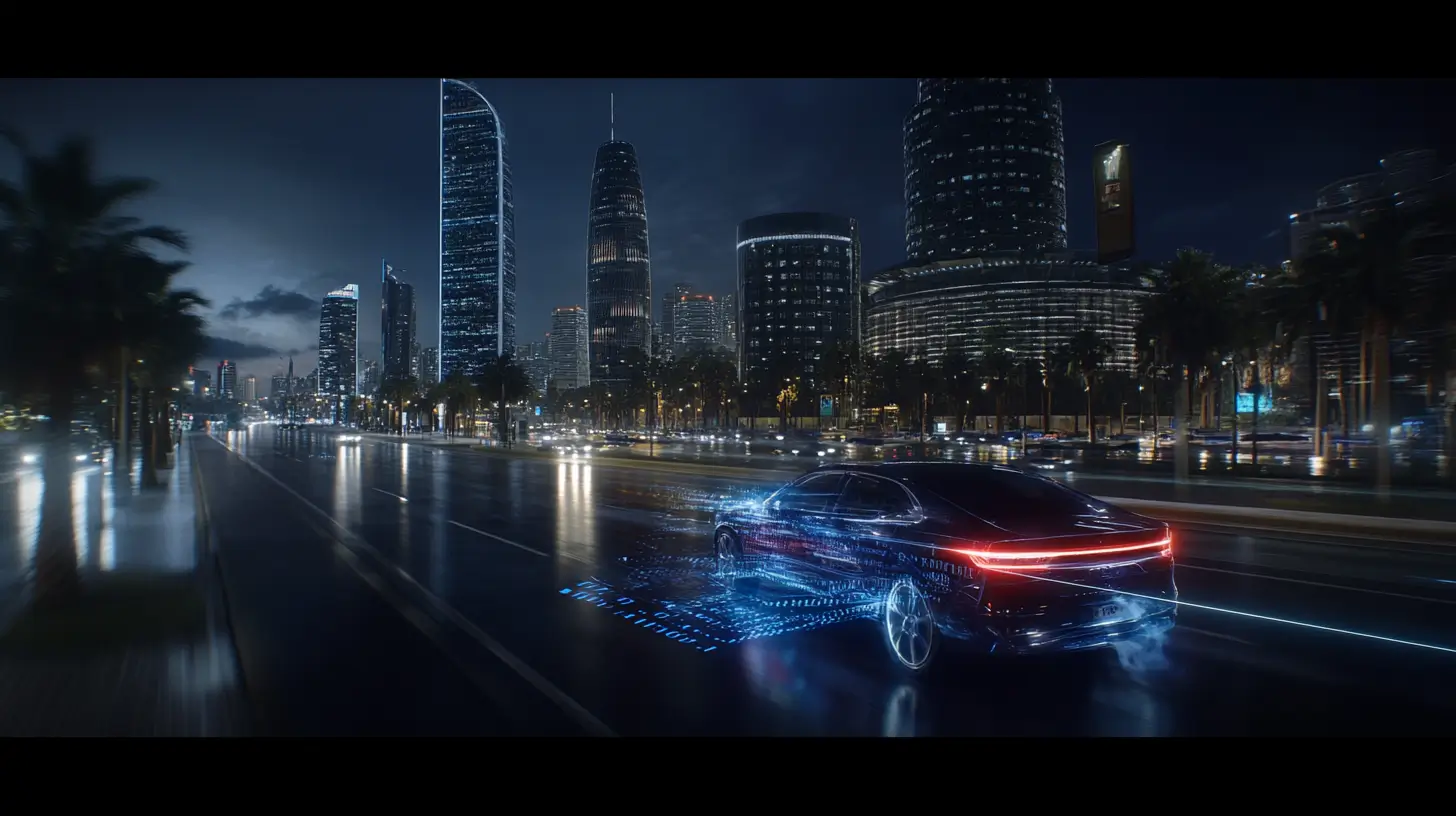 A sleek, futuristic car with glowing blue digital effects drives on a wet city street at night, where illuminated skyscrapers and palm trees line the way—echoing a world as advanced as today’s איתור דוח חניה technology. Locating a parking report.