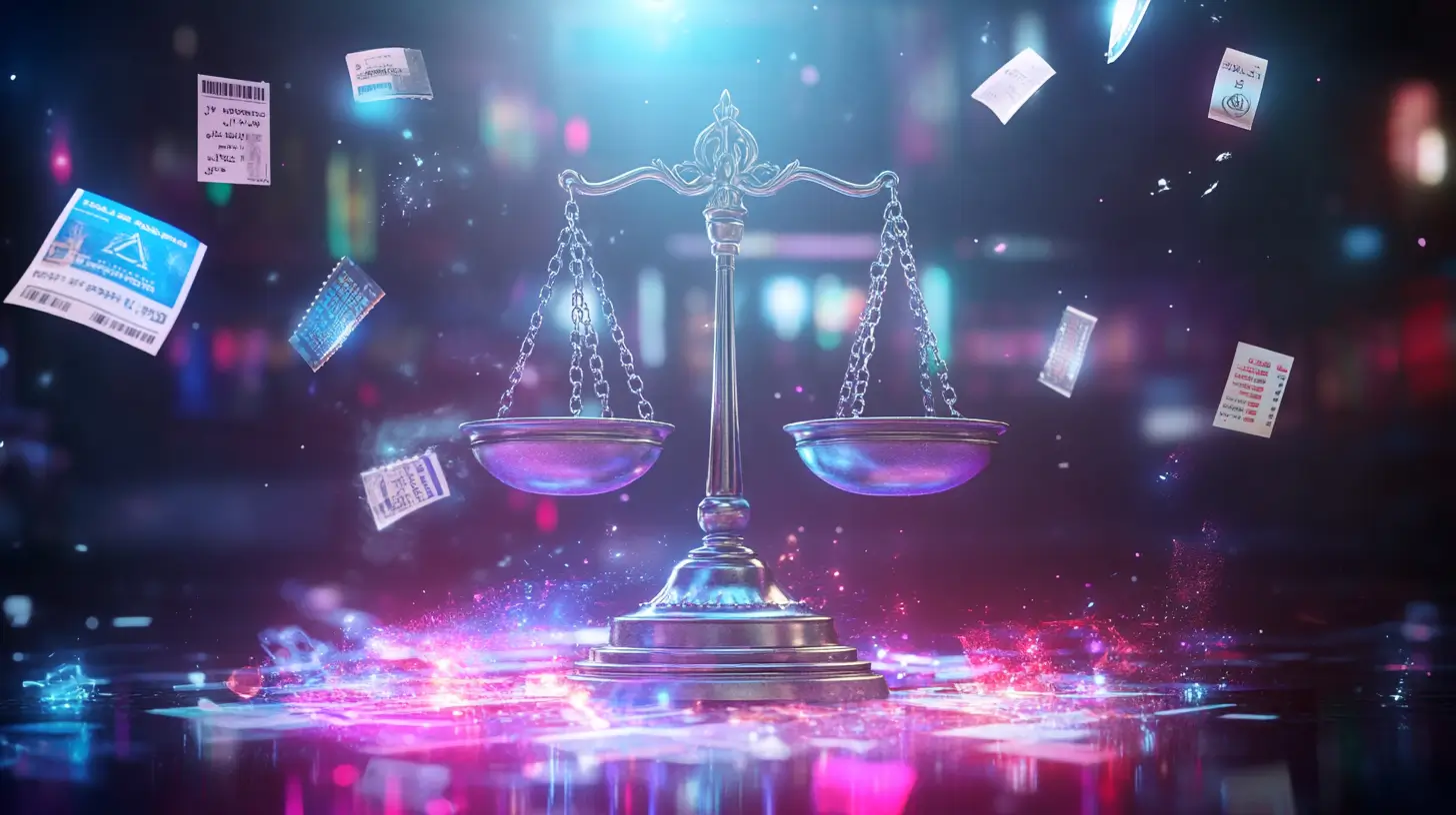 A glowing justice scale stands center stage, surrounded by floating documents and papers against a colorful, futuristic background with sparkling lights.