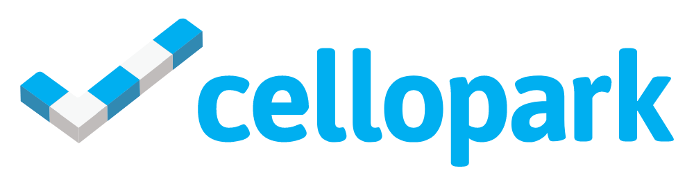 CelloPark logo featuring a blue and gray 3D check mark on the left, followed by the word “cellopark” in bold, lowercase blue letters on a white background.