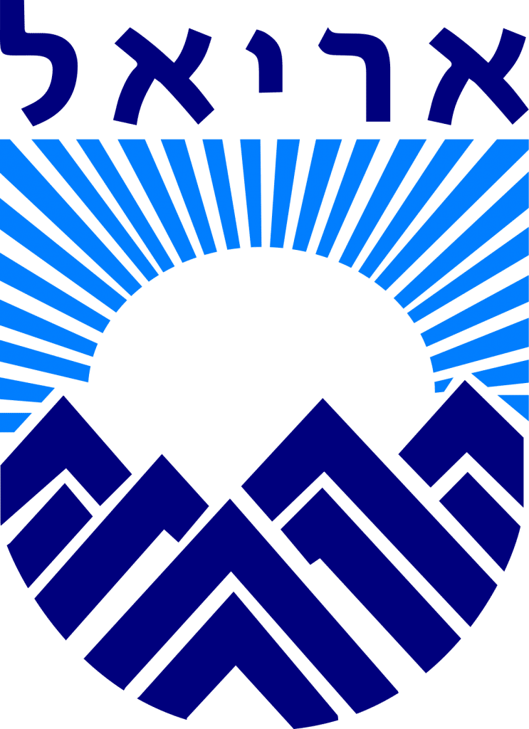 Stylized blue mountains with geometric patterns in front of a rising sun with blue rays. Above the sun, Hebrew letters spell out Ariel. The design uses bold blue lines and shapes on a transparent background.