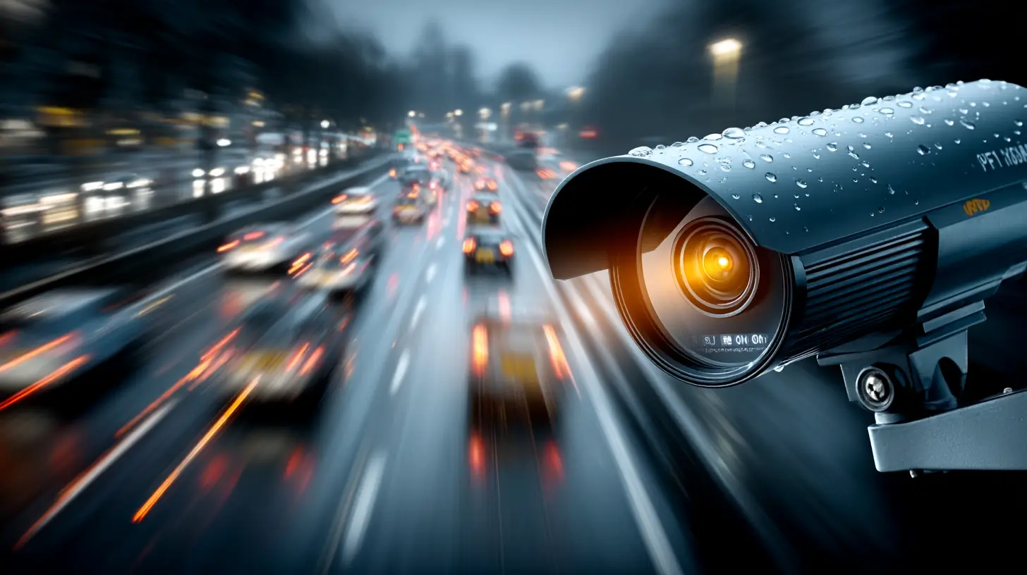 A close-up of a security camera with water droplets on it overlooking a busy, blurred city street filled with car lights at night.