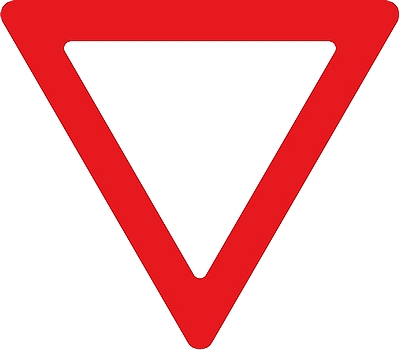 A red, downward-pointing triangle with a white center, resembling a yield or caution traffic sign.