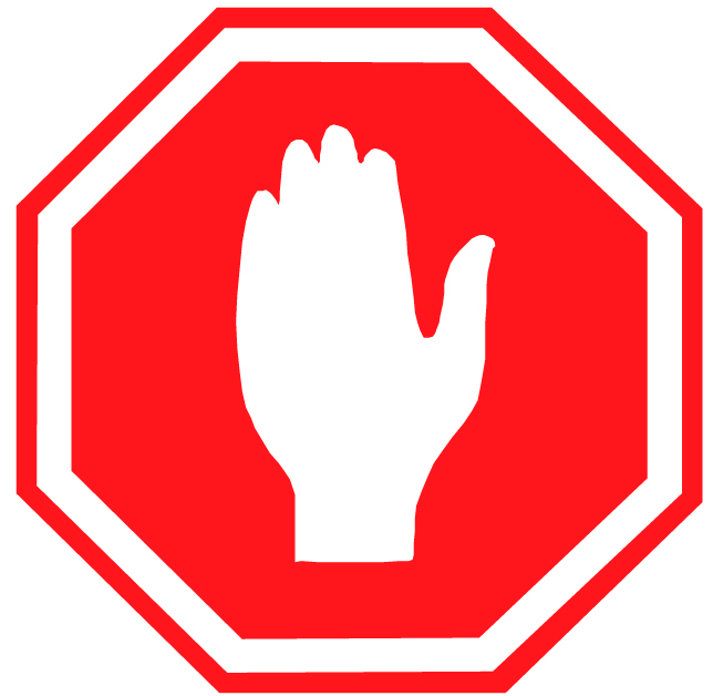 A red octagonal sign with a white hand raised in a stop gesture at the center, resembling a stop sign but with a hand instead of the word STOP.